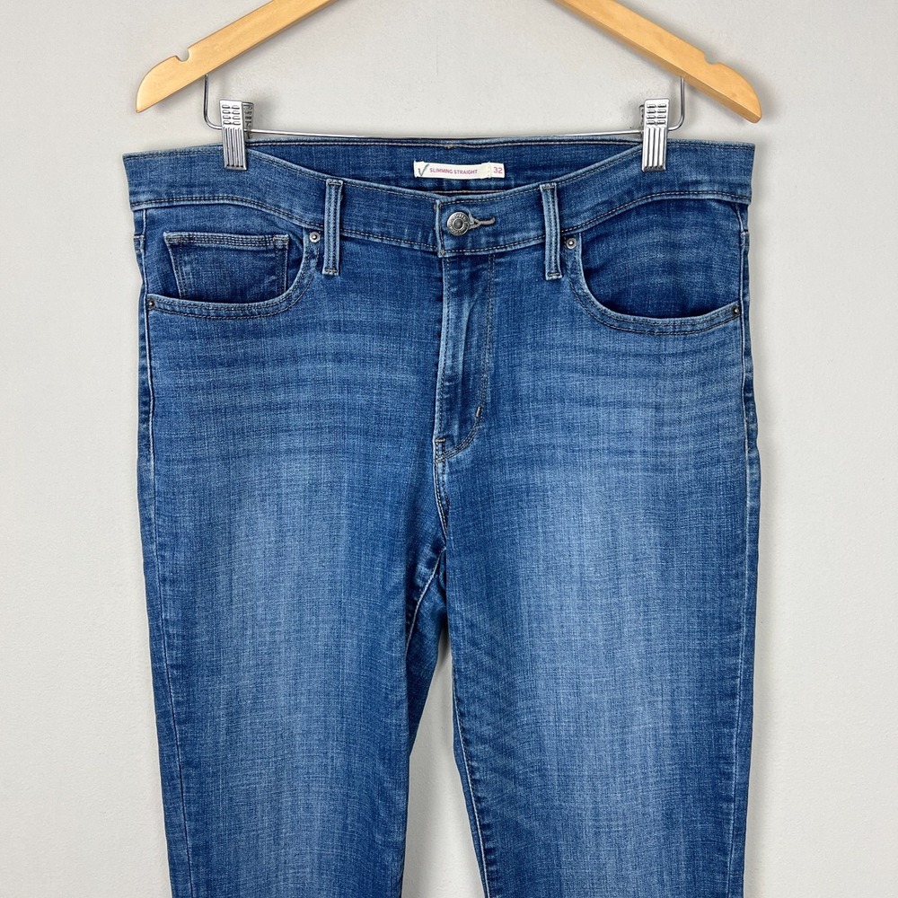 Levis Slimming Straight Jeans Womens 32 Blue Stretch Denim Medium Wash Pockets - Picture 2 of 15